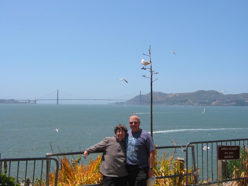 Kathy and I on Alcatraz, Golden Gate in background.